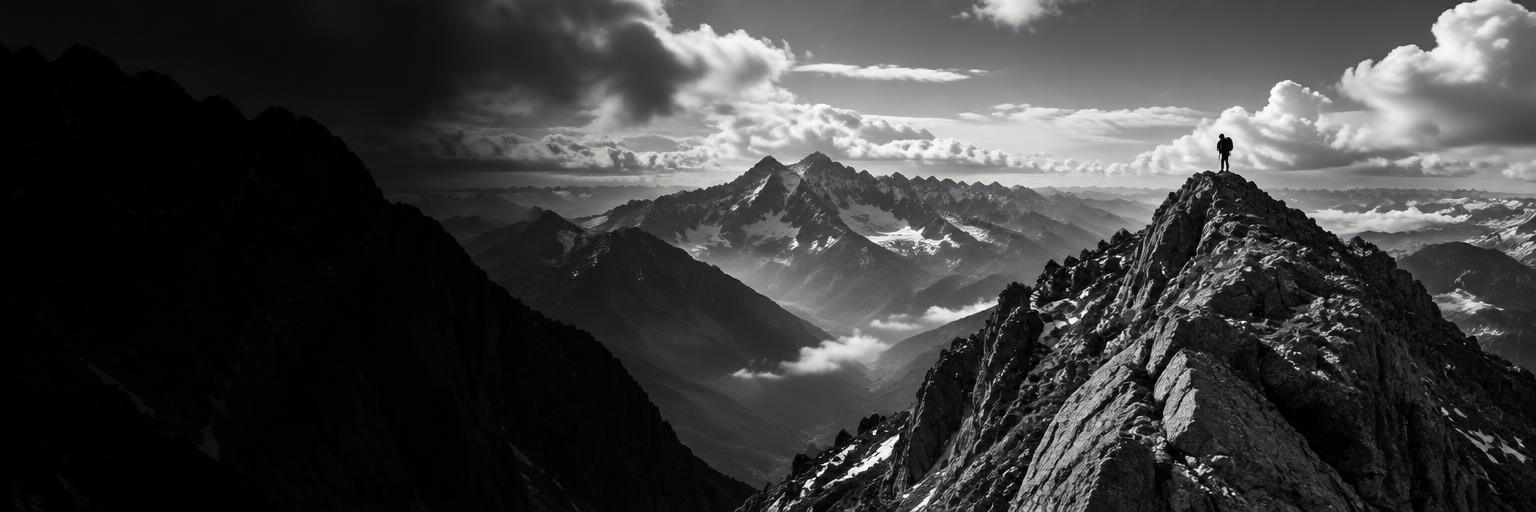 A lone mountaineer stands above a vast range of alpine peaks