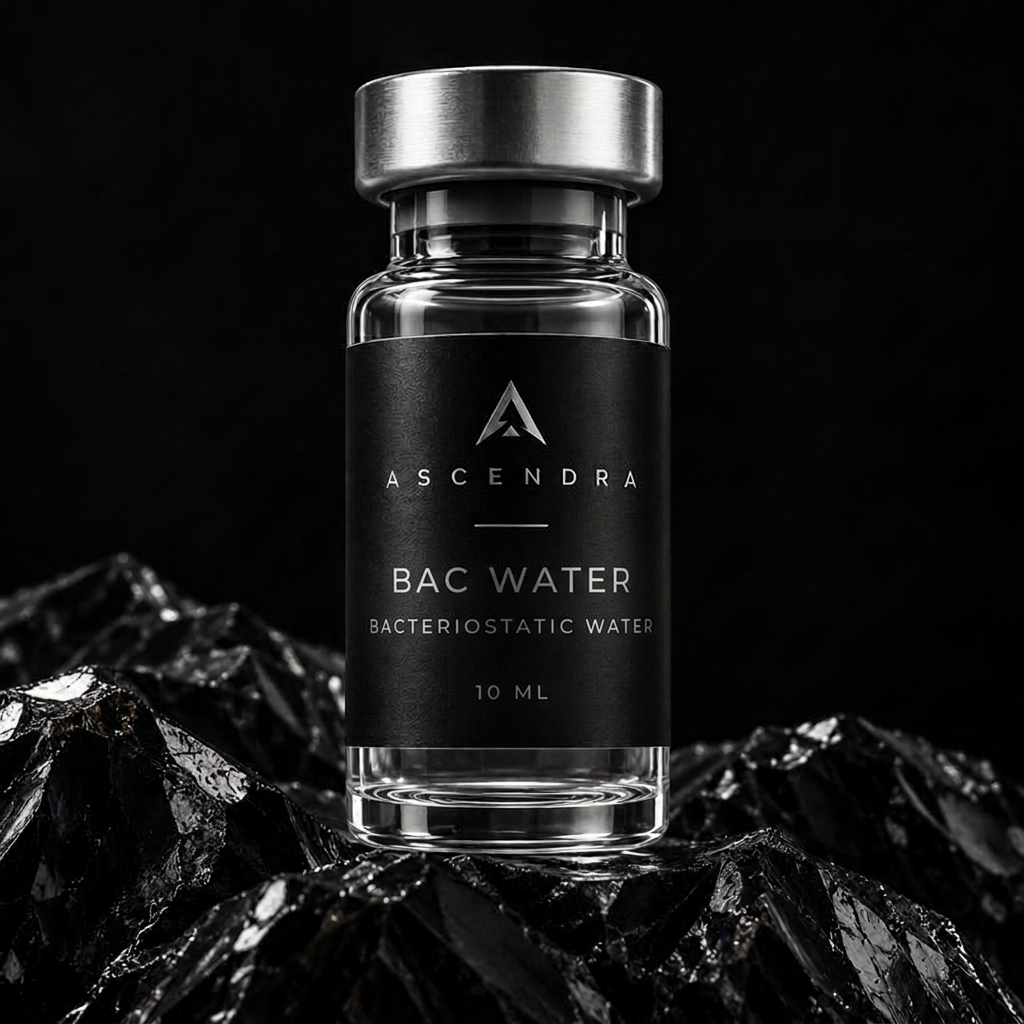 BAC Water Ascendra research vial on black volcanic rock