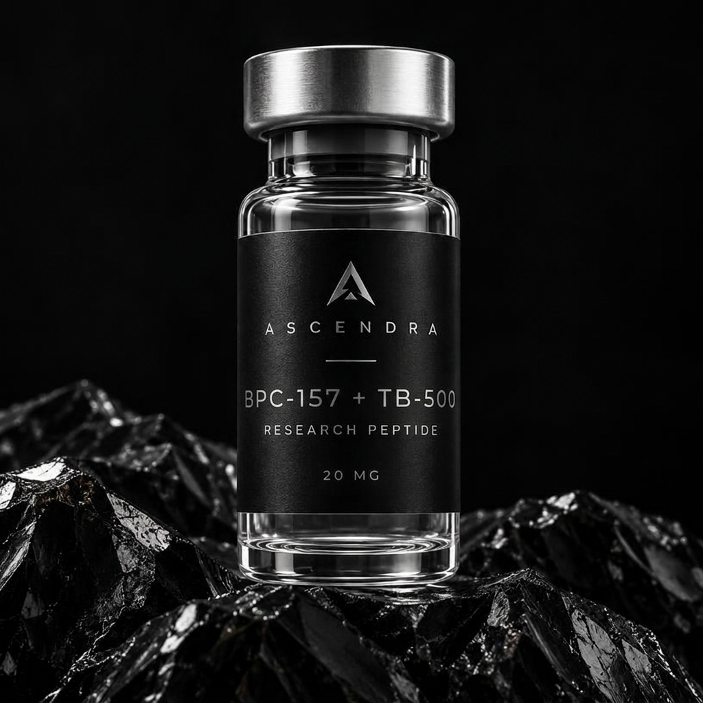BPC-157 + TB-500 Ascendra research vial on black volcanic rock