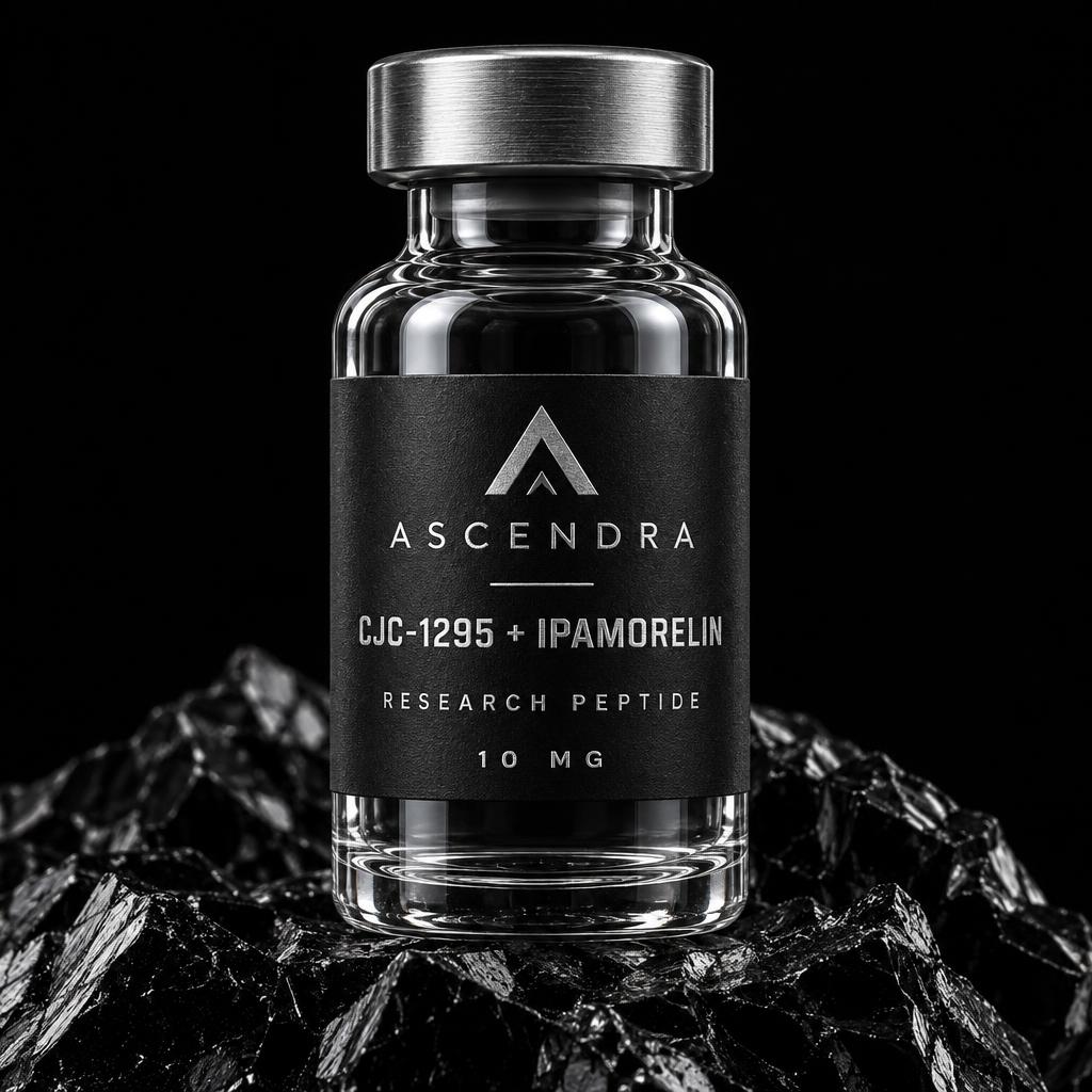 CJC-1295 (No DAC) + Ipamorelin Ascendra research vial on black volcanic rock