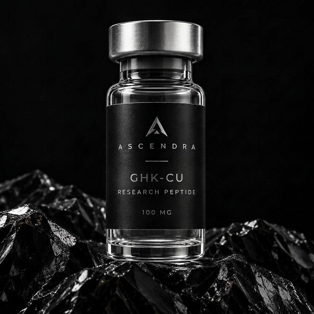 GHK-CU Ascendra research vial on black volcanic rock