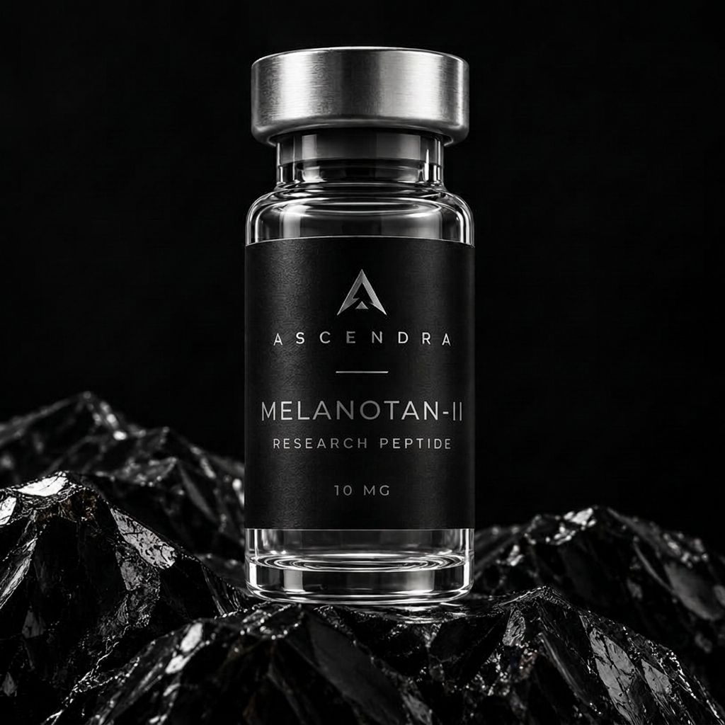 Melanotan-ll Ascendra research vial on black volcanic rock