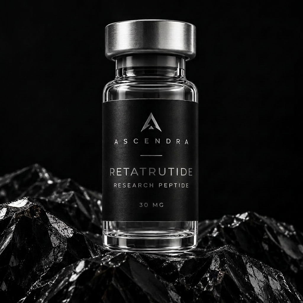 Retatrutide Ascendra research vial on black volcanic rock
