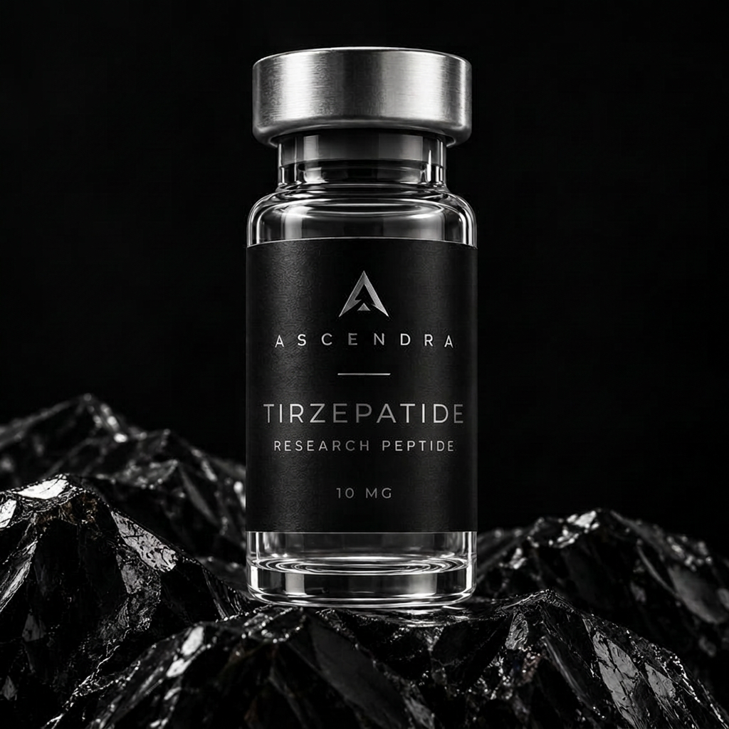 Tirzepatide Ascendra research vial on black volcanic rock